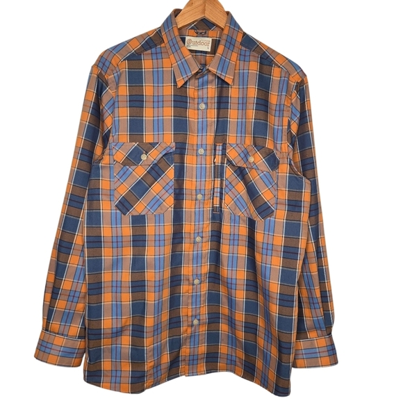 Roundtree & Yorke Outdoor Mens Orange Blue Plaid Button Down Shirt Size Large - Picture 1 of 8